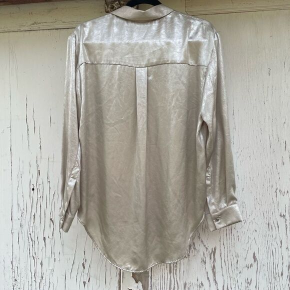 Zara Woman Collection Blouse Size Small Gold Metallic Crinkle Button Up - Picture 2 of 9